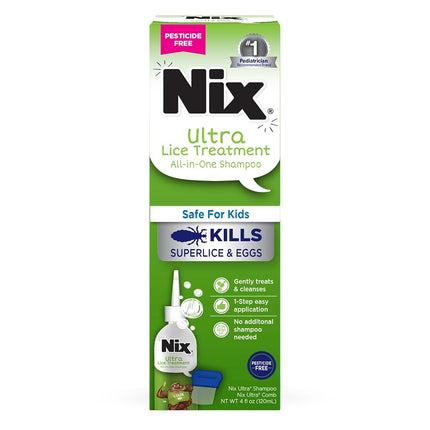 NIX Ultra Shampoo Lice Treatment | Kills Super Lice & Eggs | Includes Lice Removal Comb | 4 Fluid Ounce