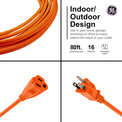 GE 81703 Rallonge extérieure de 24,4 m avec mise à la terre, 3 broches 16 AWG, câble extérieur long certifié ETL, orange GE