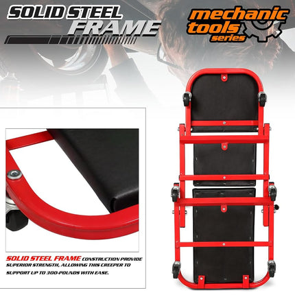 M-AUTO Heavy-Duty Convertible Mechanic Creeper, Z-Creeper 2-in-1 Creeper and Seat 48" Padded Adjustable Headrest Roller Garage Chair with 6 Swivel Casters for Washing, Detailing, Maintenance, Red