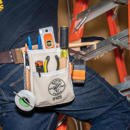 Klein Tools 5125 Canvas and Leather 5-Pocket Tool Pouch with Chain Tape Thong and Tunnel Belt Connection