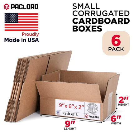 Paclord 6 Pack Small Cardboard Boxes 9" x 6" x 2" (L x W x H) - USA Made Packaging Boxes for Moving House Shipping Storage - USPS, UPS, FedEx Approved