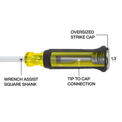 Klein Tools 60012DD 5/16-Inch Duct Slitter Demolition Driver, 6-Inch Blade, HVAC, Construction Demo Screwdriver, Cushion-Grip Handle, Oversized Strike Cap, Square Shank with Wrench Assist