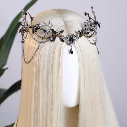 MOSTORY Woodland Elf Crown for Women - Medieval Elf Headpiece with Tassel for Renaissance Renfaire Fae Cosplay Viking Outfit, Black-silver, One Size