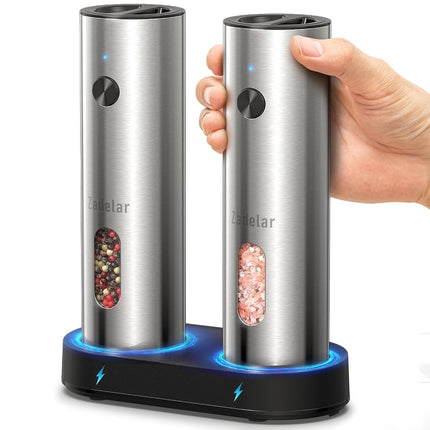 Salt and Pepper Grinder Set Electric,Rechargeable Salt and Pepper Shakers Stainless Steel with USB C Dual Charging Base,Upgraded Large Capacity,Adjustable Coarseness,LED Light,Ideal for Mom