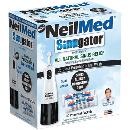 Irrigateur nasal pulsatile sans fil NeilMed Sinugator (double vitesse) avec 30 sachets prémélangés et 3 piles AA - Noir