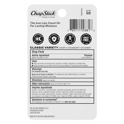 Chapstick Classic (3 Count) Cherry, Strawberry & Spearmint Flavor Skin Protectant Flavored Lip Balm Tube, 3 Count (Pack of 1)