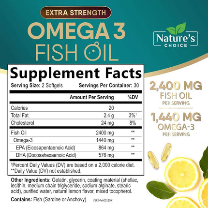 Omega 3 Fish Oil Supplements - 2400mg Fish Oil Per Serving - Triple Strength Omega-3 with Fatty Acids EPA & DHA - Natural Heart, Brain & Immune Support - Wild Caught, Bottled in USA - 60 Softgels