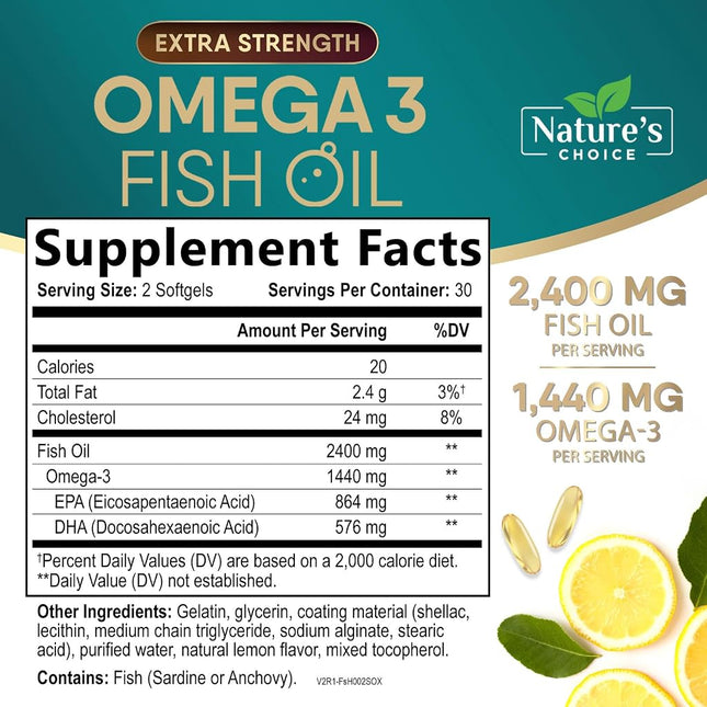 Omega 3 Fish Oil Supplements - 2400mg Fish Oil Per Serving - Triple Strength Omega-3 with Fatty Acids EPA & DHA - Natural Heart, Brain & Immune Support - Wild Caught, Bottled in USA - 60 Softgels