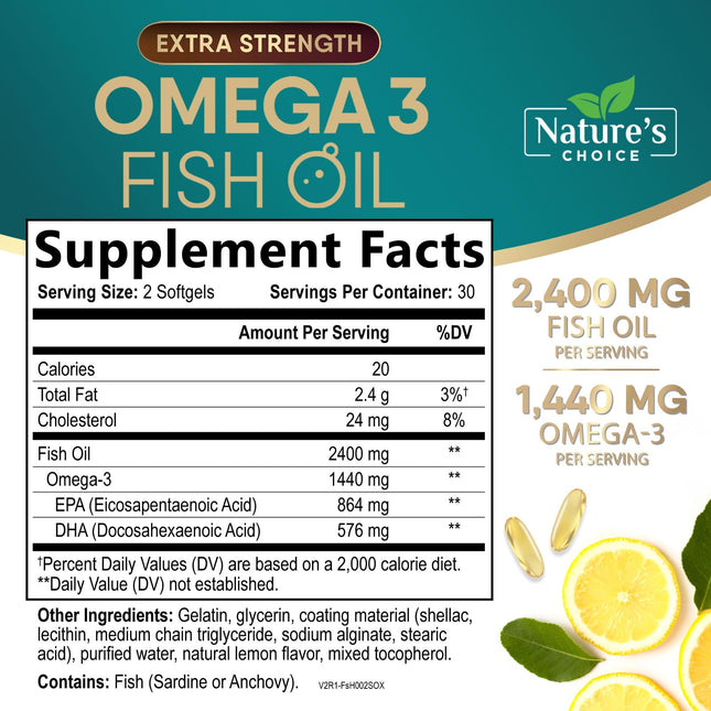 Omega 3 Fish Oil Supplements - 2400mg Fish Oil Per Serving - Triple Strength Omega-3 with Fatty Acids EPA & DHA - Natural Heart, Brain & Immune Support - Wild Caught, Bottled in USA - 60 Softgels