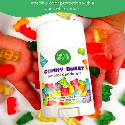 Fresh Monster- Natural Deodorant For Kids And Teens Aluminum-Free, Paraben-Free And Hypoallergenic Dermatologist Tested 24-Hour Protection Gummy Burst Scent 1.76 Oz 1 Count