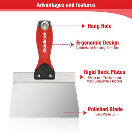 Goldblatt Drywall Knife Set, 5-Pieces Stainless Steel Taping Knives - Includes- 6'', 8'', 10'', 12'', 14'' Tools, Perfect for Drywall Joint Taping, Finishing & Patching