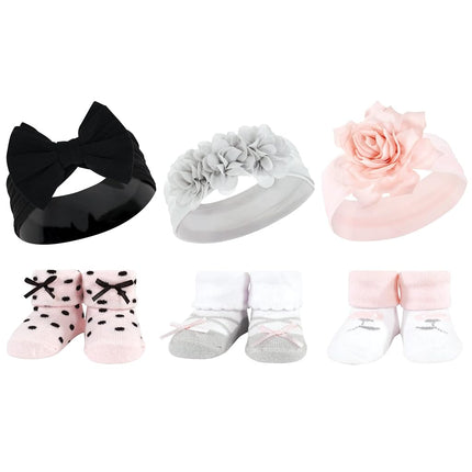 Hudson Baby Girl's Headband and Socks Giftset, Pink Black Gray, One Size