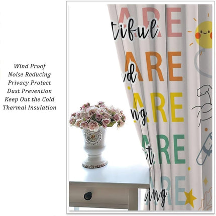 Kids Quotes Curtains, Cartoon Puzzle Rainbow Sun Flower Star Color Educational Happy Window Treatments, Thermally Insulated Drapes For Nursery Boys Girls Living Room Bedroom 41x63.5in（No Blackout）