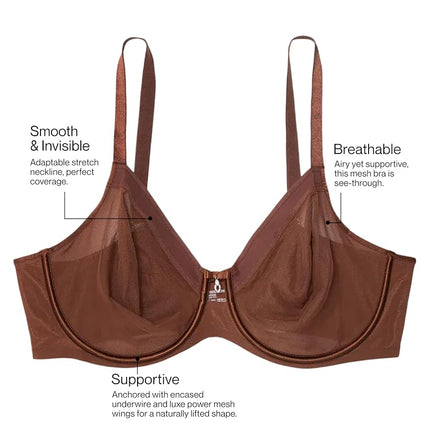 Curvy Couture Women's Sheer Mesh Full Coverage Unlined Underwire Bra, Chocolate, 42E