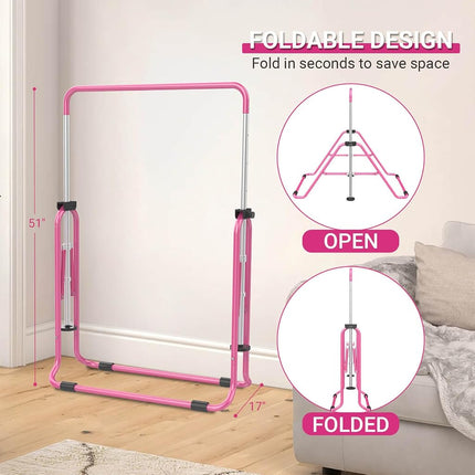 Nimsqury Foldable Gymnastics Bar, 5-Height Adjustable Gymnastic Bars for Kids at Home,Robust & Stable for Indoor/Outdoor Using,Weight Limit 140LBS (Pink)