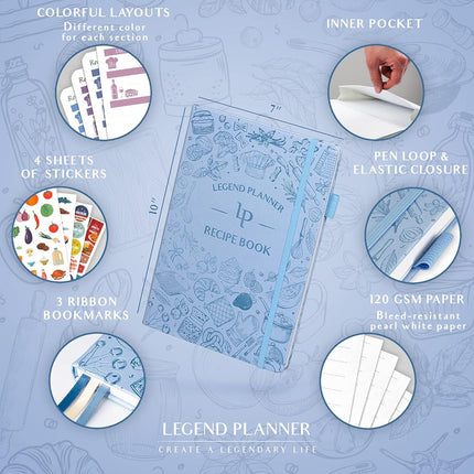 Legend Recipe Book, Blank Food Cook Journal, 18x25.5cm, Periwinkle