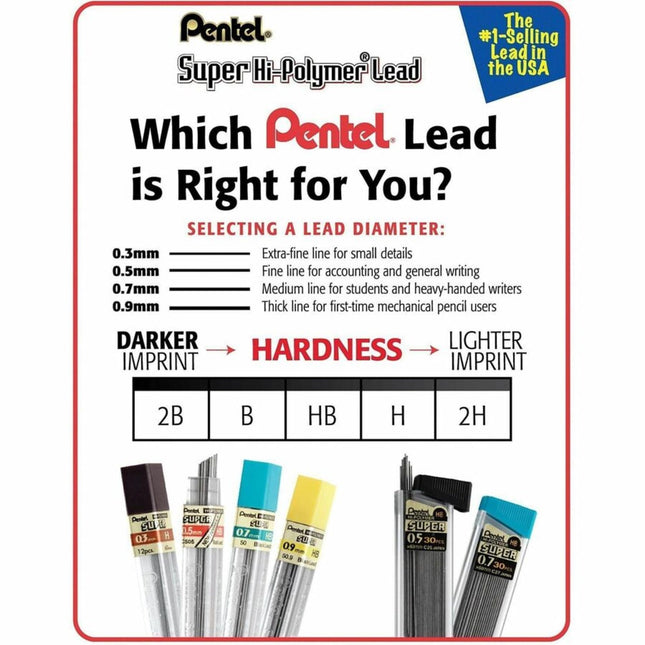Minas de grafito Pentel C25BPHB3K6 Super Hi-Polymer, 0.5mm, HB, negras, 30 unidades/tubo, 3 tubos/paquete
