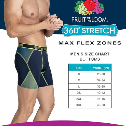 Fruit of the Loom Men's 4-Way Stretch Boxer Briefs | Lightweight & Moisture Wicking Underwear | Long, Regular Leg & Trunk, Max Flex Zones-3 Pack-Colors May Vary, S (Pack of 3)