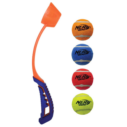 Nerf Dog 5-Piece Dog Toy Gift Set, Includes 13in Air Strike Launcher and 2in Squeak Tennis Ball 4-Pack, Nerf Tough Material, Multicolored
