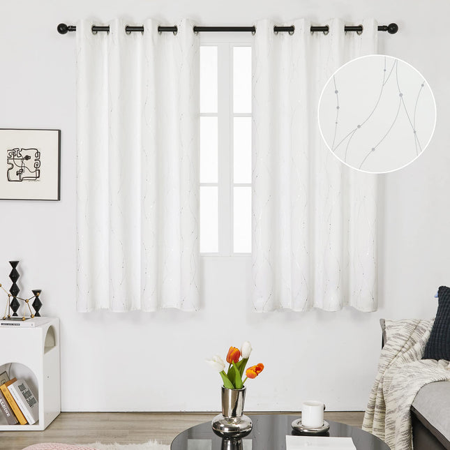 Rideaux occultants Deconovo – Imprimé à pois ondulés argentés, isolants thermiques, réduction du bruit, rideaux d'intimité pour chambre et salon (38W x 84L pouces, Blanc pur/argent, 2 panneaux)