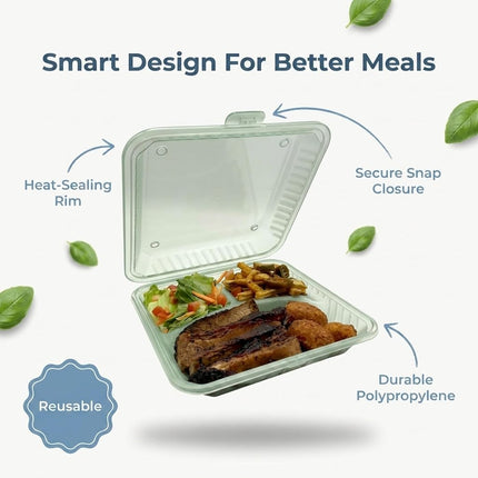 Contenedor FSE Reutilizable para Llevar, 3 Compartimentos, Sin BPA, 22.8 x 22.8 x 6.3 cm, Verde, Ideal para Preparación de Comidas, Apto para Microondas y Lavavajillas