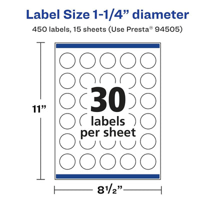 Avery Matte White Removable Round Labels with Sure Feed Technology, Print-to-The-Edge, 1.25" Diameter, 450 Removable Labels, Laser/Inkjet Printable Labels