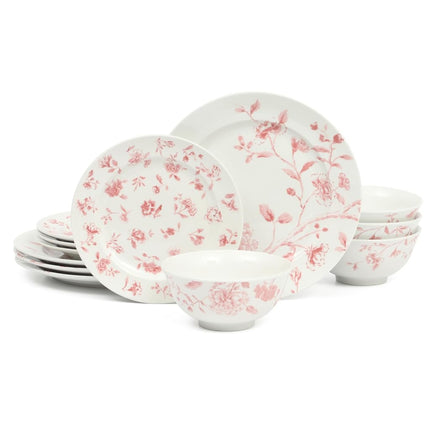 Service de table 12 pièces Martha Stewart Empress Bouquet en porcelaine décorée, résistante aux ébréchures et aux rayures - Rose fleuri