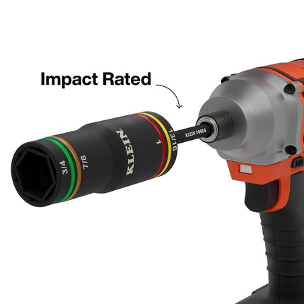Klein Tools 6513QS KNECT Impact-Rated Quad Socket Set, 4-in-1 Flip Socket Driver, Color-Coded, Heavy-Duty Multi Tool, 3/8-Inch Drive, SAE 3/4-Inch, 13/16-Inch, 7/8-Inch, 1-Inch, Multi-Purpose Adapter