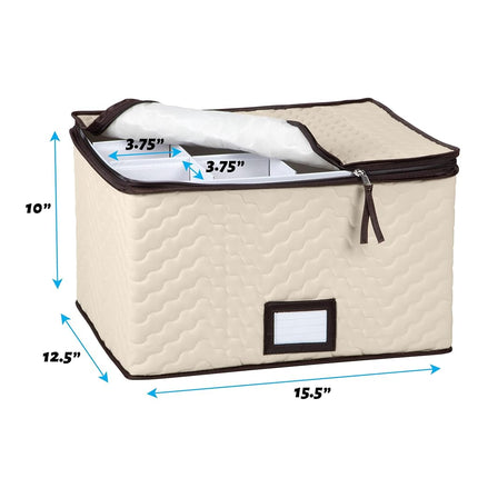 Wine Glass Storage Box with Dividers - Holds 12 Standard Size Wine Glasses up to 10" Tall - Stemware Storage Case - Protects Fine China - Durable Quilted Microfiber Bin with Carry Handles