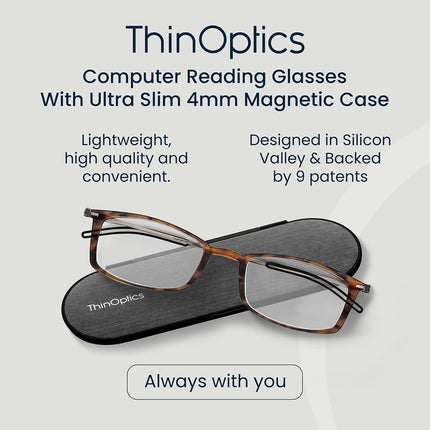 ThinOptics Blue Light Glasses 1.00, Tortoise Frame, Slim 4mm Case, Foldable