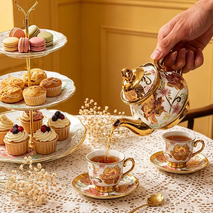 Tea Sets Gold Plated Red Rose Ceramic Tea Set, Vintage Teapot Tea Sets Beautiful Tea Set Coffee Serving 6 People (Pink, Medium)