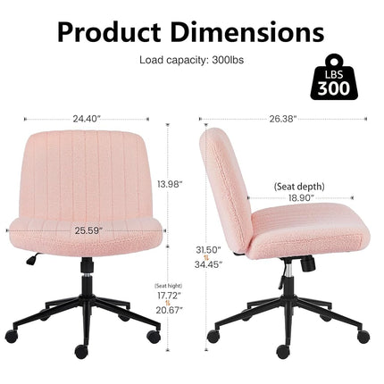 DUMOS Criss Cross Chair with Wheels, Wide Cross Legged Office Desk Vanity Chairs, Armless Adjustable Swivel Chairs for Home Computer Task, Teddy Pink