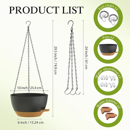 SQKH 10 Inch Hanging Baskets 2 PC with Chains, Self-Watering Hanging Planters for Indoor Outdoor Plants, Plastic Hanging Flower Pots,Black Brown