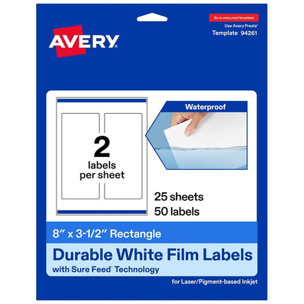 Avery Durable Waterproof Rectangle Labels with Sure Feed, 8" x 3.5", 50 Oil and Tear-Resistant Waterproof Labels, Print-to-The-Edge, Laser/Pigment-Based Inkjet Printable Labels