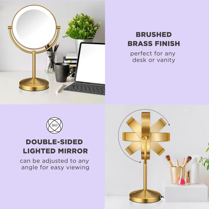 Miroir de maquillage éclairant Conair, Miroir de courtoisie LED double face avec grossissement 1X/10X, 3 réglages d'éclairage, 3 modes, rotation à 360°, finition laiton brossé