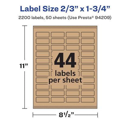 Avery Kraft Brown Rectangle Labels with Sure Feed, 2/3" x 1-3/4", 2,200 Kraft Brown Labels, Print-to-The-Edge, Laser/Inkjet Printable Labels
