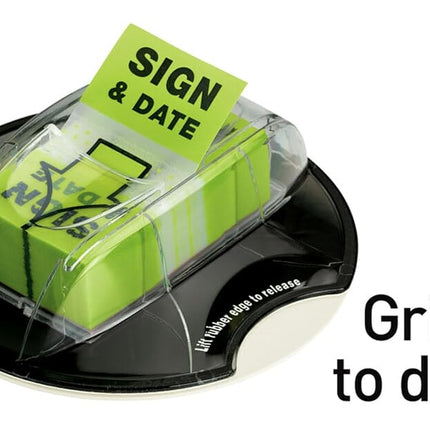 Post-it "Sign and Date" Flags, 200/Desk Grip Dispenser, 1 Dispenser/Pack, 1 in Wide, Bright Green (680-HVSD)