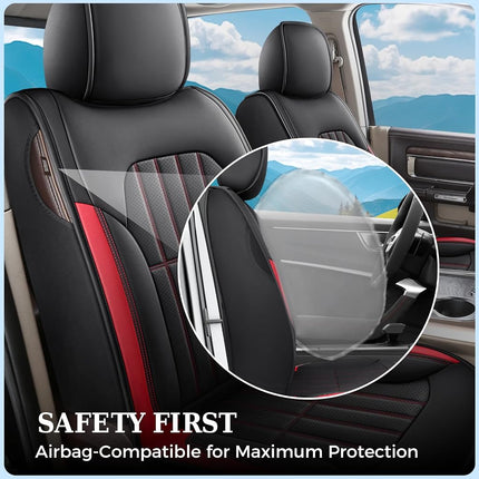 Truckiipa Seat Covers for Dodge Ram 1500 Full Set, Full Coverage Waterproof Leather Protectors Pickup Truck Accessories, Custom Fit for 2002-2025 Ram 1500 2500 3500 Crew Mega Cab, Red