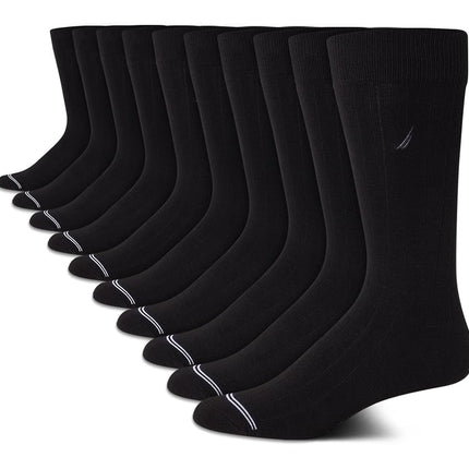 Nautica Men�s Dress Socks � Patterned Crew Socks (10 Pack), Black Rib, 6-12.5