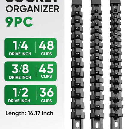 ALOANES 9 PC ABS Socket Organizer, 1/2 inch, 3/8 inch and 1/4 inch Drive Socket Rail Holders, Heavy Duty Socket Racks, Black Rails with Black Clips