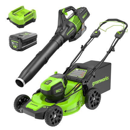 Greenworks 80V 21� Brushless (Self-Propelled) Cordless Electric Lawn Mower + (580 CFM) Axial Leaf Blower (75+ Compatible Tools), 4.0Ah Battery and 60 Minute Rapid Charger, Green and Black