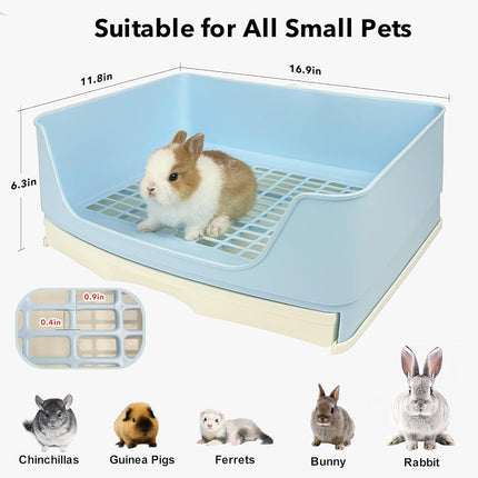 RUBYHOME Oversize Rabbit Litter Box with Drawer, Corner Toilet Box with Grate Potty Trainer, Bigger Pet Pan for Adult Guinea Pigs, Chinchilla, Ferret, Galesaur, Small Animals, 16.9 inch Long (Blue)