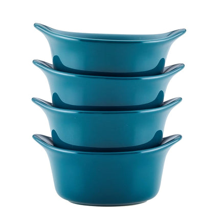 Rachael Ray Solid Glaze Ceramics Round Ramekins/Dipping Cup Set, 4 Piece, Teal