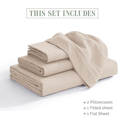 Elegant Comfort Luxurious 1500 Premium Hotel Quality Microfiber Three Line Embroidered Softest 4-Piece Bed Sheet Set, Wrinkle and Fade Resistant, King, Cream