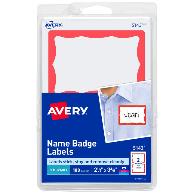 Avery Name Tags, White with Red Border, Packs of 1