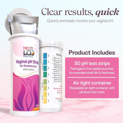 Tiras reactivas de pH vaginal para mujeres (50 unidades). Kit de prueba casera para vaginosis bacteriana, infección por hongos y menopausia. Prueba de pH femenino para acidez y alcalinidad vaginal. Tiras en bolsas selladas