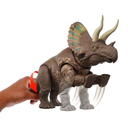 Mattel Jurassic World: The Rebirth Gigantic Thrashers Eotriceratops Dinosaur Toy Figure, Large Dinosaur Species with Two Accitable Anger Attacks, Digital Game, JGB93