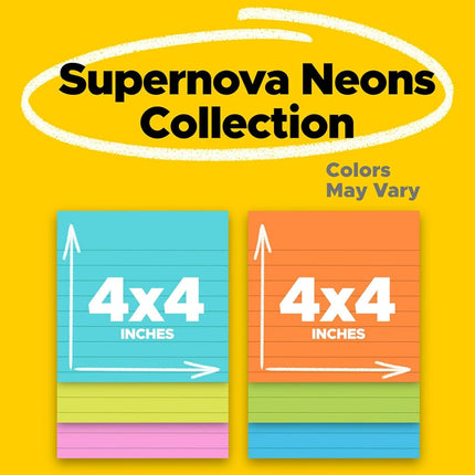 Post-it Super Sticky Notes, 4x4 in, 3 Pads, 2X The Sticking Power, Assorted Bright Colors, Lined (675-3SSMX)