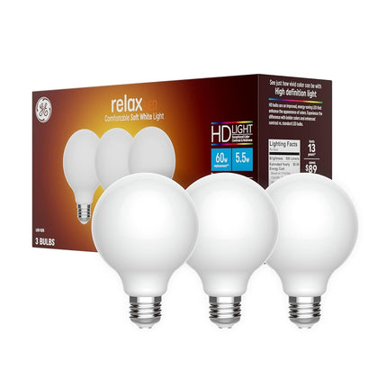 GE Lighting 43316 Relax HD LED (60-Watt Replacement), 500-Lumen G25 Bulb, Medium Base, Soft White, 3-Pack, Title 20 Compliant