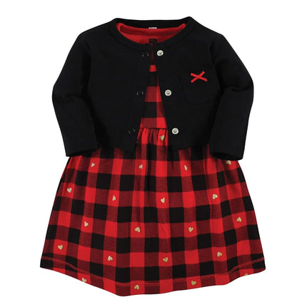 Hudson Baby Baby Girls' Cotton Dress and Cardigan Set, Gold Heart Buffalo Plaid, 5T